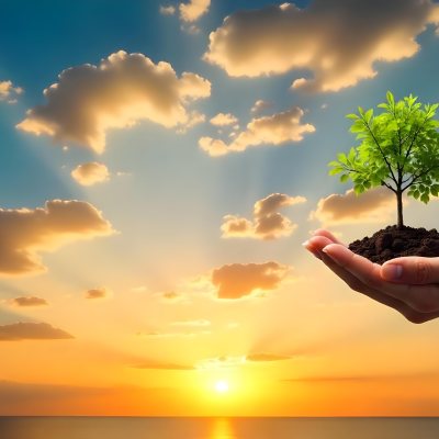 A Hand Holding A Tree With Soil Sunset With Clouds In The Background Dramatic Sky With Many Clouds Orange And Blue Tones 9 B429