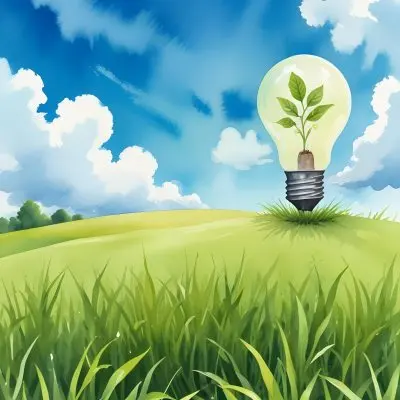 A Light Bulb With A Plant Inside On A Green Grass Hill With A Blue Sky And White Clouds 8 7f69