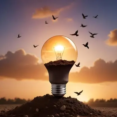 A Light Bulb With The Earth As The Bulb On Top Of A Pile Of Dirt Birds Flying In The Sky Sunset Background 12 2a04