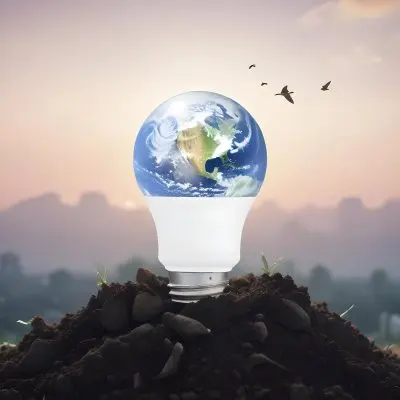 A Light Bulb With The Earth As The Bulb On Top Of A Pile Of Dirt Birds Flying In The Sky Sunset Background 13 6291