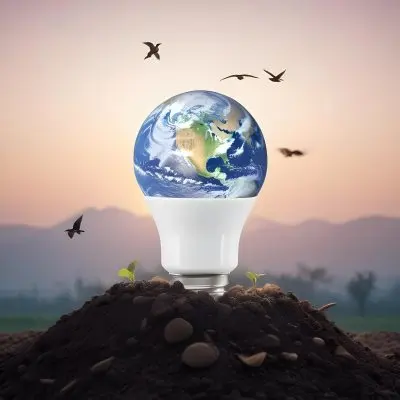 A Light Bulb With The Earth As The Bulb On Top Of A Pile Of Dirt Birds Flying In The Sky Sunset Background 16 7bdf