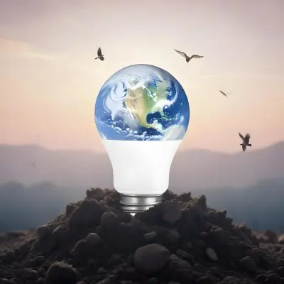 A Light Bulb With The Earth As The Bulb On Top Of A Pile Of Dirt Birds Flying In The Sky Sunset Background 2 1a49