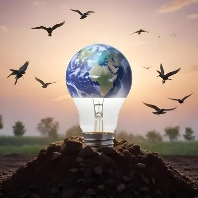 A Light Bulb With The Earth As The Bulb On Top Of A Pile Of Dirt Birds Flying In The Sky Sunset Background 20 2cbe
