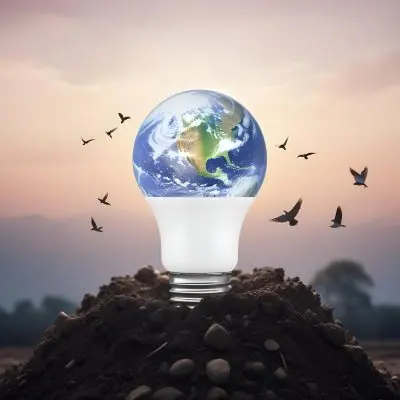 A Light Bulb With The Earth As The Bulb On Top Of A Pile Of Dirt Birds Flying In The Sky Sunset Background 27 3291