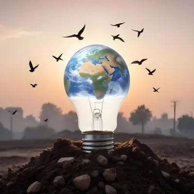 A Light Bulb With The Earth As The Bulb On Top Of A Pile Of Dirt Birds Flying In The Sky Sunset Background 37 401d