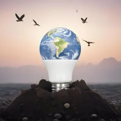 A Light Bulb With The Earth As The Bulb On Top Of A Pile Of Dirt Birds Flying In The Sky Sunset Background 4 F224