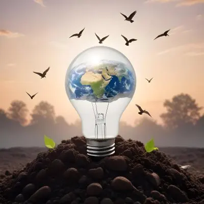 A Light Bulb With The Earth As The Bulb On Top Of A Pile Of Dirt Birds Flying In The Sky Sunset Background 46 F0e3