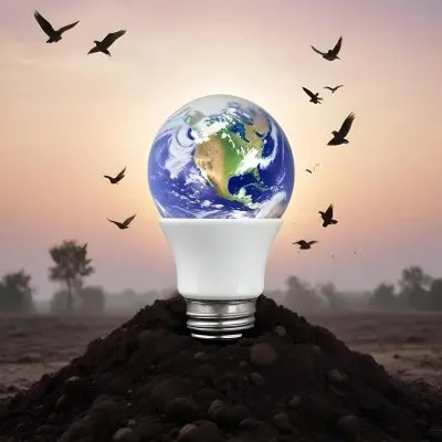 A Light Bulb With The Earth As The Bulb On Top Of A Pile Of Dirt Birds Flying In The Sky Sunset Background 51 2644