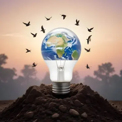 A Light Bulb With The Earth As The Bulb On Top Of A Pile Of Dirt Birds Flying In The Sky Sunset Background 7 E7fd