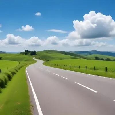 A Long Winding Road Through A Lush Green Countryside With Rolling Hills And Fluffy White Clouds In A Bright Blue Sky 1 Def8