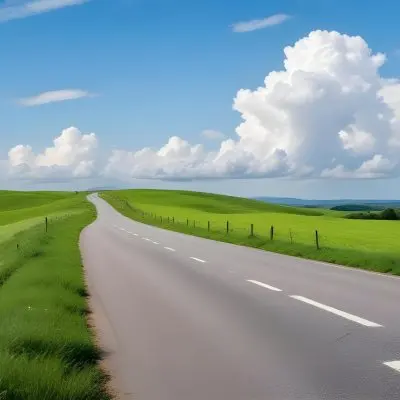 A Long Winding Road Through A Lush Green Countryside With Rolling Hills And Fluffy White Clouds In A Bright Blue Sky 11 7575