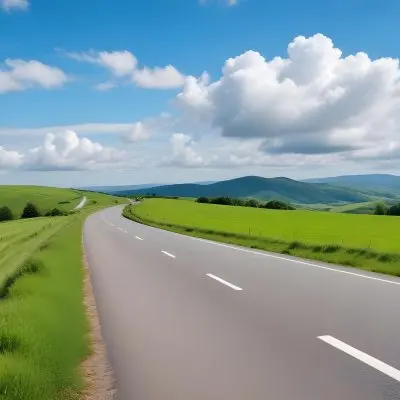 A Long Winding Road Through A Lush Green Countryside With Rolling Hills And Fluffy White Clouds In A Bright Blue Sky 13 9197