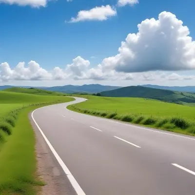 A Long Winding Road Through A Lush Green Countryside With Rolling Hills And Fluffy White Clouds In A Bright Blue Sky 2 Eb28