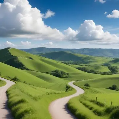 A Long Winding Road Through A Lush Green Countryside With Rolling Hills And Fluffy White Clouds In A Bright Blue Sky 4 A71b