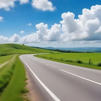 A Long Winding Road Through A Lush Green Countryside With Rolling Hills And Fluffy White Clouds In A Bright Blue Sky 5 D76b