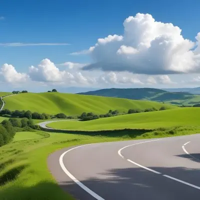 A Long Winding Road Through A Lush Green Countryside With Rolling Hills And Fluffy White Clouds In A Bright Blue Sky 7 507f