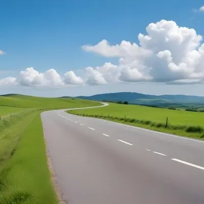A Long Winding Road Through A Lush Green Countryside With Rolling Hills And Fluffy White Clouds In A Bright Blue Sky 8 2e7b