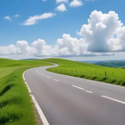 A Long Winding Road Through A Lush Green Countryside With Rolling Hills And Fluffy White Clouds In A Bright Blue Sky 9 7d9f