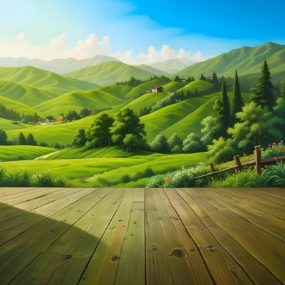A Lush Green Landscape With Rolling Hills And Mountains In The Background With A Wooden Deck In The Foreground 52 Dced