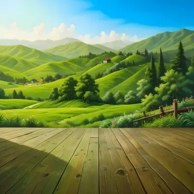 A Lush Green Landscape With Rolling Hills And Mountains In The Background With A Wooden Deck In The Foreground 52 Dced