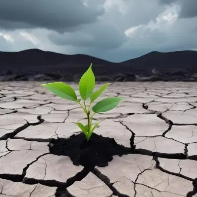 A Plant With One Green Leaf And One Black Leaf On A Cracked Earth Green Hill And Cloudy Sky 50 3ca4