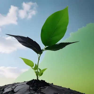 A Plant With One Green Leaf And One Black Leaf On A Cracked Earth Green Hill And Cloudy Sky 56 7592