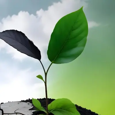 A Plant With One Green Leaf And One Black Leaf On A Cracked Earth Green Hill And Cloudy Sky 58 1ebd