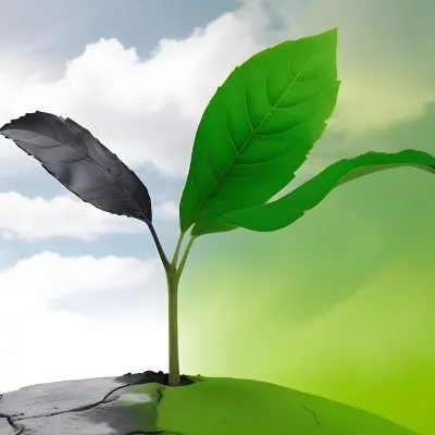 A Plant With One Green Leaf And One Black Leaf On A Cracked Earth Green Hill And Cloudy Sky 61 C2b1