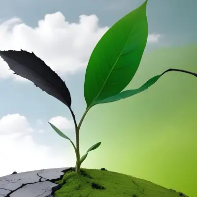 A Plant With One Green Leaf And One Black Leaf On A Cracked Earth Green Hill And Cloudy Sky 62 7120