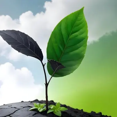 A Plant With One Green Leaf And One Black Leaf On A Cracked Earth Green Hill And Cloudy Sky 66 E1a0