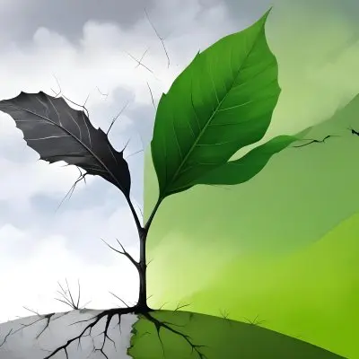 A Plant With One Green Leaf And One Black Leaf On A Cracked Earth Green Hill And Cloudy Sky 72 326c
