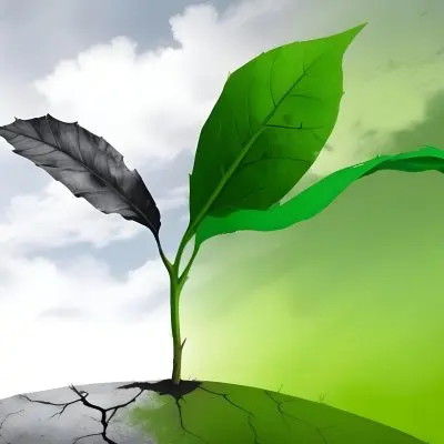 A Plant With One Green Leaf And One Black Leaf On A Cracked Earth Green Hill And Cloudy Sky 86 4803