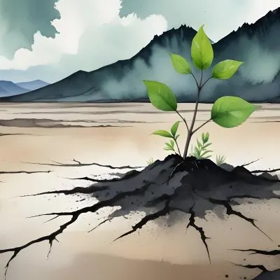 A Plant With One Green Leaf And One Black Leaf On A Cracked Earth Green Hill And Cloudy Sky 9 48a0
