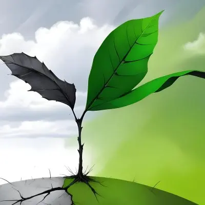 A Plant With One Green Leaf And One Black Leaf On A Cracked Earth Green Hill And Cloudy Sky 90 9c8b