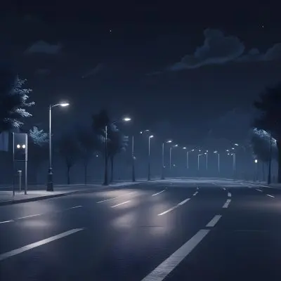 A Row Of Street Lights Illuminating A Street At Night The Sky Is Dark Blue The Road Is Empty And The Scene Is Quiet 13 Eb87