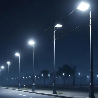 A Row Of Street Lights Illuminating A Street At Night The Sky Is Dark Blue The Road Is Empty And The Scene Is Quiet 16 22a1