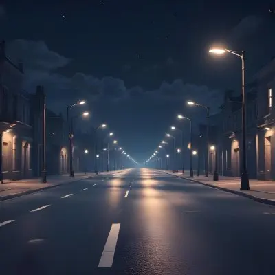 A Row Of Street Lights Illuminating A Street At Night The Sky Is Dark Blue The Road Is Empty And The Scene Is Quiet 17 D1a6