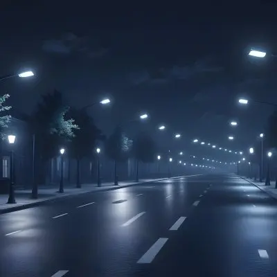 A Row Of Street Lights Illuminating A Street At Night The Sky Is Dark Blue The Road Is Empty And The Scene Is Quiet 18 8350