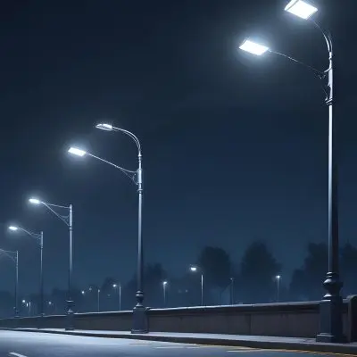 A Row Of Street Lights Illuminating A Street At Night The Sky Is Dark Blue The Road Is Empty And The Scene Is Quiet 26 0a58