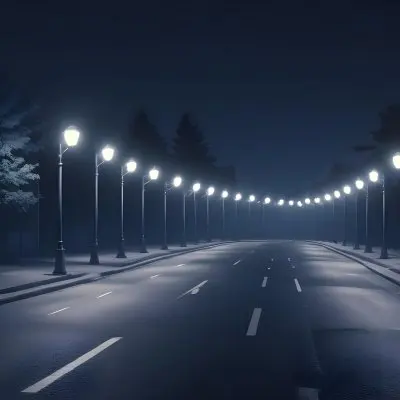 A Row Of Street Lights Illuminating A Street At Night The Sky Is Dark Blue The Road Is Empty And The Scene Is Quiet 27 289b