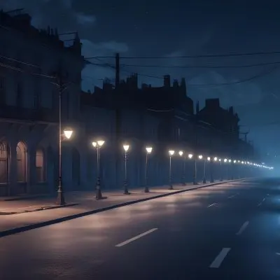 A Row Of Street Lights Illuminating A Street At Night The Sky Is Dark Blue The Road Is Empty And The Scene Is Quiet 29 8d21