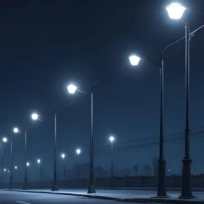 A Row Of Street Lights Illuminating A Street At Night The Sky Is Dark Blue The Road Is Empty And The Scene Is Quiet 3 2921