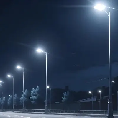 A Row Of Street Lights Illuminating A Street At Night The Sky Is Dark Blue The Road Is Empty And The Scene Is Quiet 30 9e83