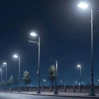 A Row Of Street Lights Illuminating A Street At Night The Sky Is Dark Blue The Road Is Empty And The Scene Is Quiet 31 C46e