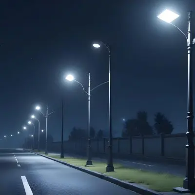 A Row Of Street Lights Illuminating A Street At Night The Sky Is Dark Blue The Road Is Empty And The Scene Is Quiet 8 A533