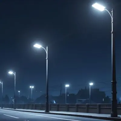 A Row Of Street Lights Illuminating A Street At Night The Sky Is Dark Blue The Road Is Empty And The Scene Is Quiet 9 B81a