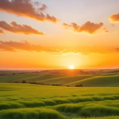 A Scenic Landscape With A Lush Green Field Under A Vibrant Orange And Yellow Sunset Sky 1 B164