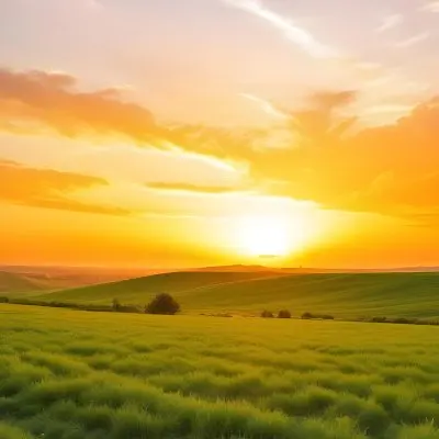 A Scenic Landscape With A Lush Green Field Under A Vibrant Orange And Yellow Sunset Sky 20 Aa56