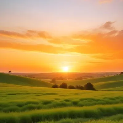 A Scenic Landscape With A Lush Green Field Under A Vibrant Orange And Yellow Sunset Sky 21 A428