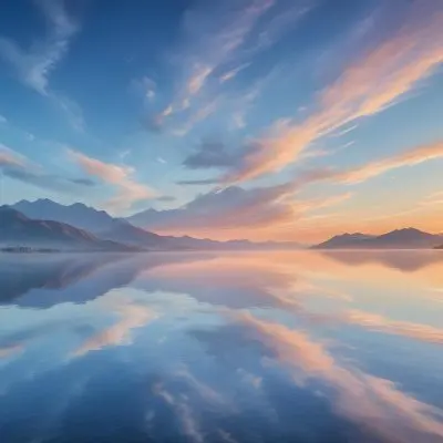 A Serene Landscape With A Calm Body Of Water Reflecting The Colorful Sky At Sunset The Sky Is Filled With Wispy Clouds In Shades Of Blue Creating A Beautiful And Peaceful Scene With Mountains In The Background 1 7276